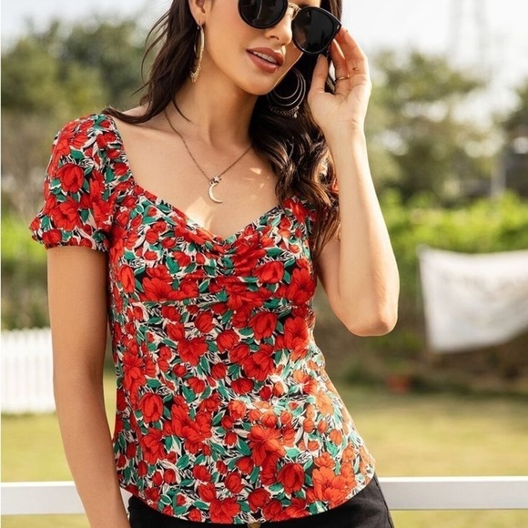 Floral Print Red and Green Puff Sleeve Blouse Top Size Small S - Picture 9 of 16